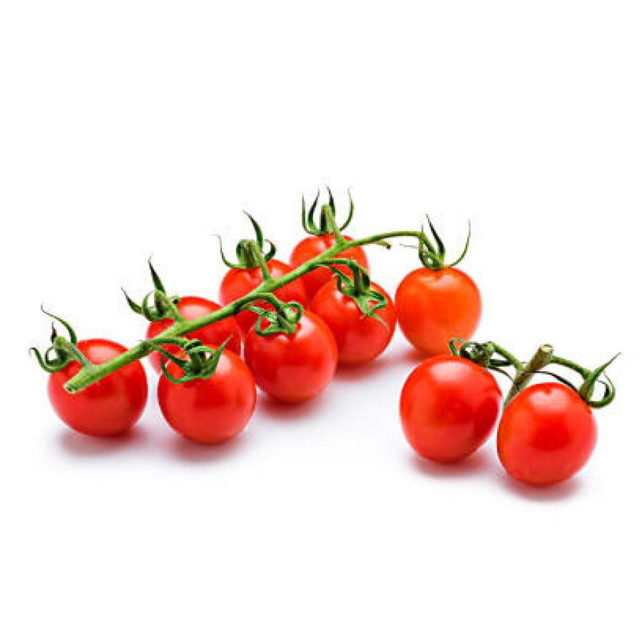 Bunch of cherry tomatoes isolated on reflective white background. Predominant colors are red and white. High resolution 42Mp studio digital capture taken with Sony A7rii and Sony FE 90mm f2.8 macro G OSS lens
