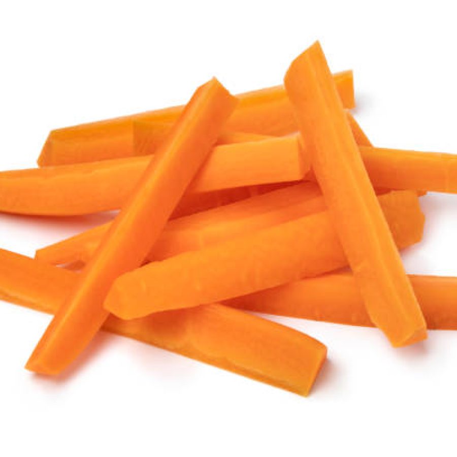 Heap of fresh raw healthy carrot sticks as a snack isolated on white background