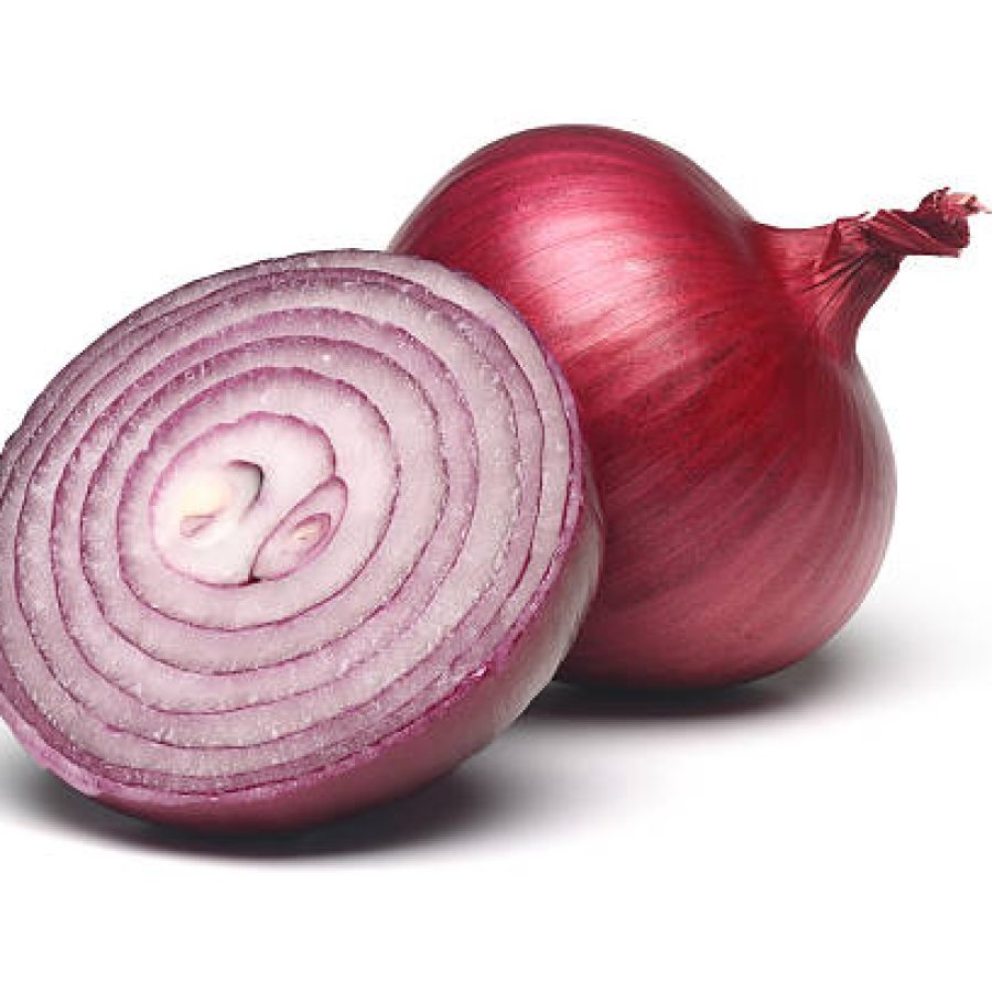 Sliced Red onion on white.