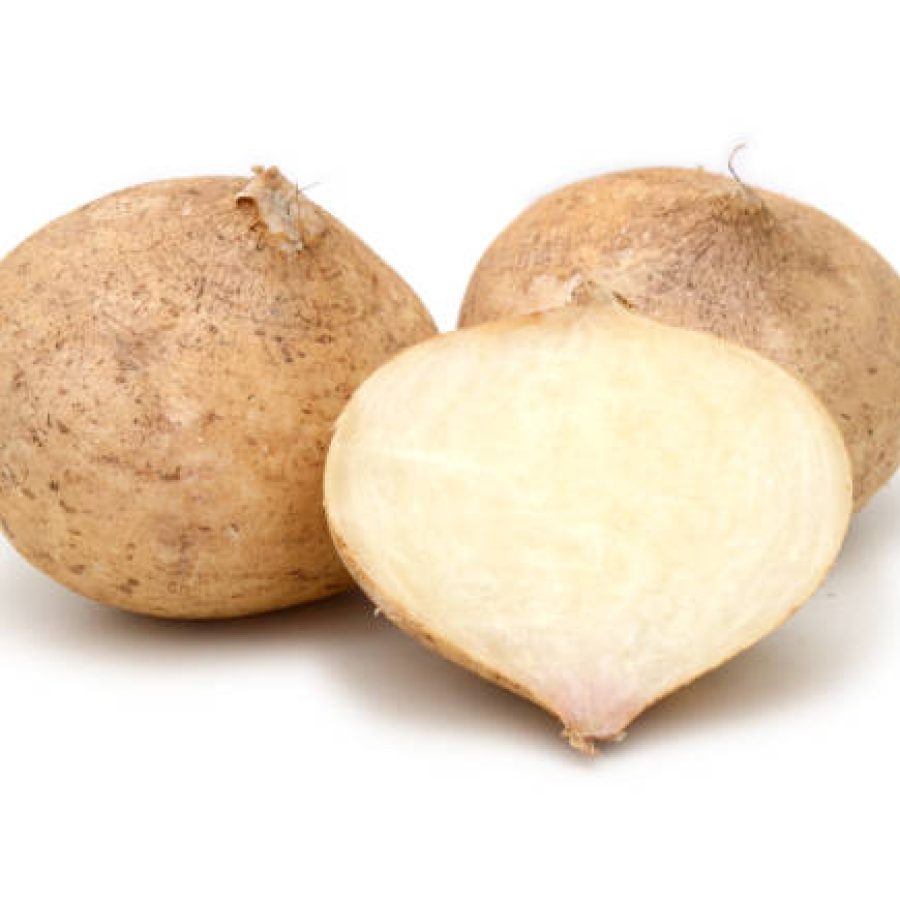 Yam bean ( Jicama ) is bulbous root vegetable fruit food on the white background