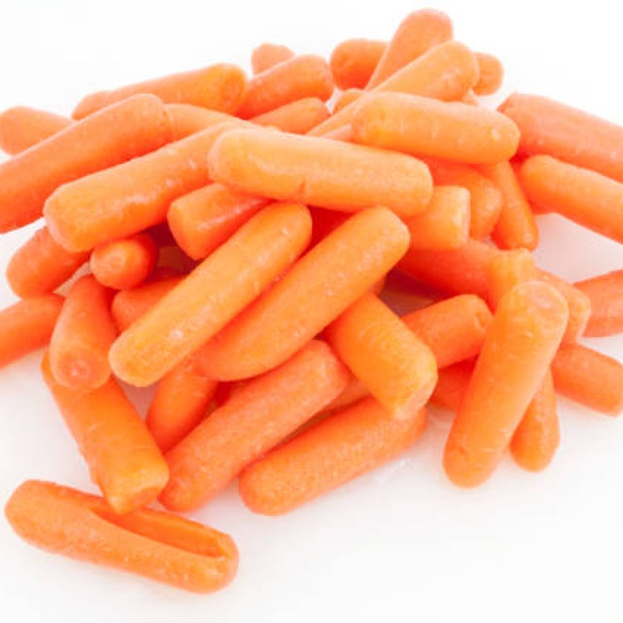 Mound of baby carrots on a white background.