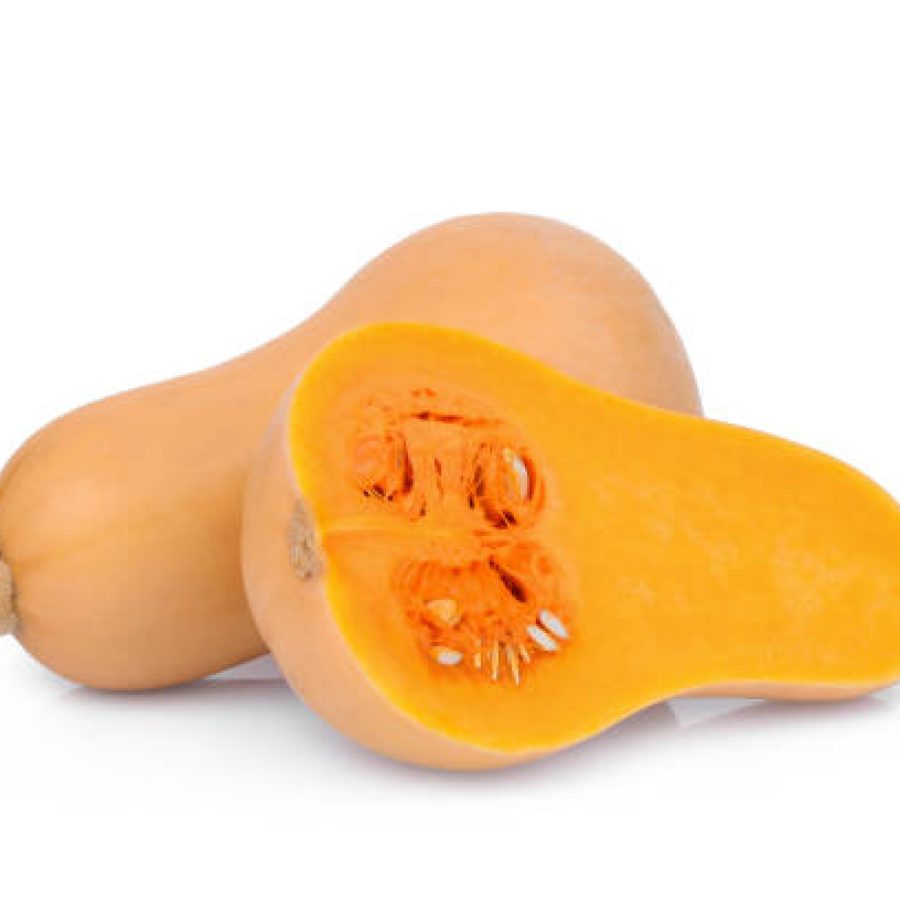 whole and half butternut squash isolated on white background